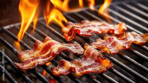 Wallpaper Mural Close-up of bacon strips grilling on a metal grate, with flames and smoke adding a sense of heat and flavor to the scene, emphasizing the cooking process Torontodigital.ca