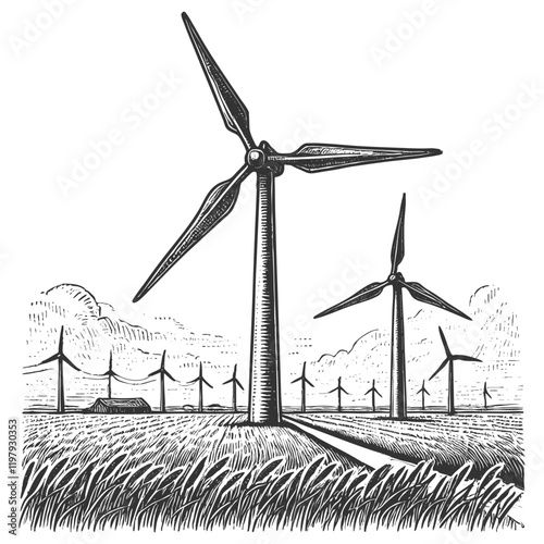 wind turbines in a vast field, with grass, cloudy skies, and a distant barn symbolizing renewable energy sketch engraving generative ai vector illustration. Scratch board. Black and white image.