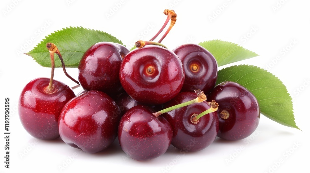 A pile of fresh, ripe cherries with green leaves, showcasing their vibrant color and natural appeal. A pile of fresh, ripe cherries with green leaves, showcasing their vibrant color and natural appeal.
