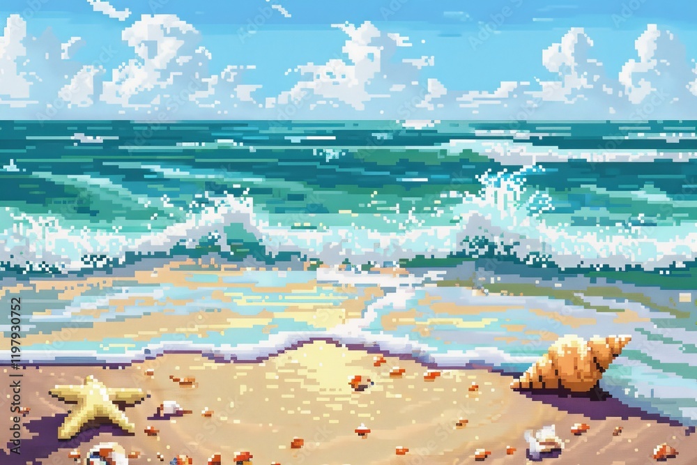 A pixel art beach scene with waves, sand, shells, and a starfish under a bright sky. A pixel art beach scene with waves, sand, shells, and a starfish under a bright sky.