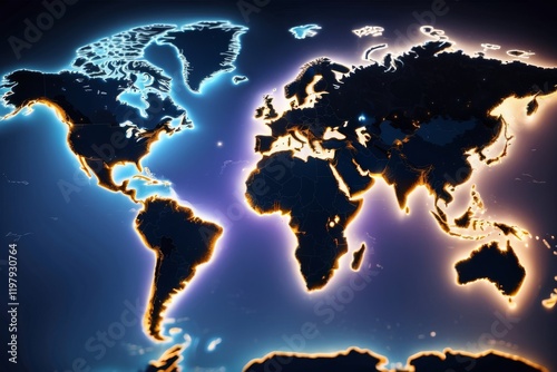 A modern representation of the world map is displayed in 3D, emphasizing the contours of continents. The design features a subtle 3D effect 