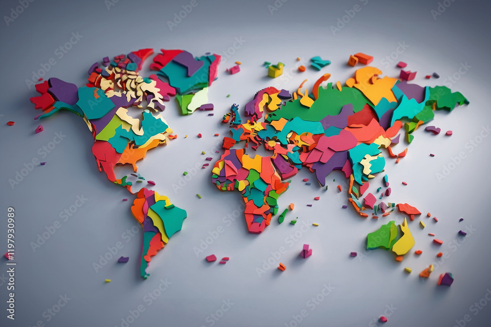 Obraz premium A modern representation of the world map is displayed in 3D, emphasizing the contours of continents. The design features a subtle 3D effect 