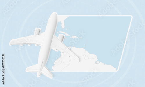 Grenada Travel Illustration with Plane and National Flag. Airplane Flying Over Grenada Map.