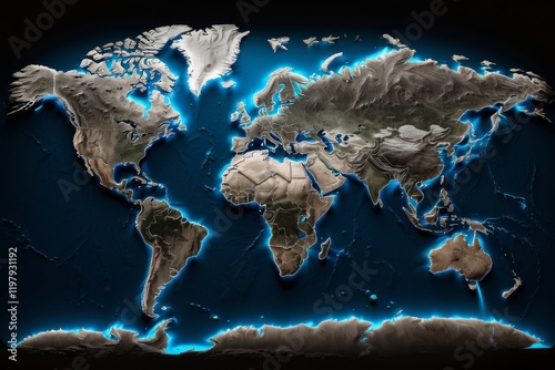 A modern representation of the world map is displayed in 3D, emphasizing the contours of continents. The design features a subtle 3D effect 