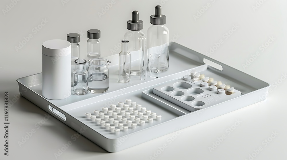 A clean chemical-resistant lab tray with items organized on a white background A clean chemical-resistant lab tray with items organized on a white background