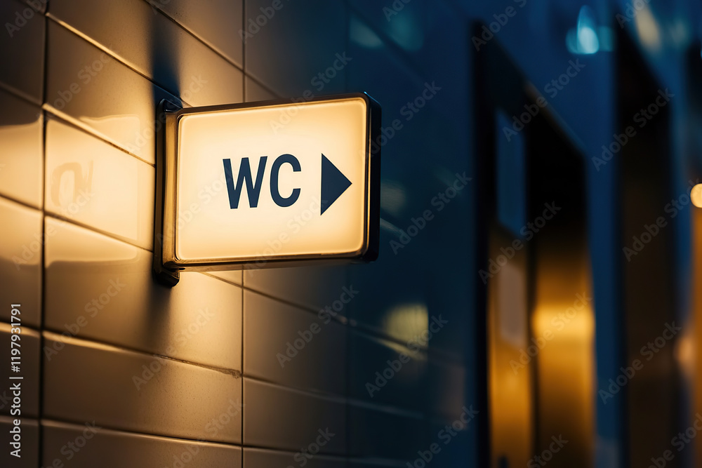 Plate with toilet sign WC and arrow pointer in a public area Plate with toilet sign WC and arrow pointer in a public area