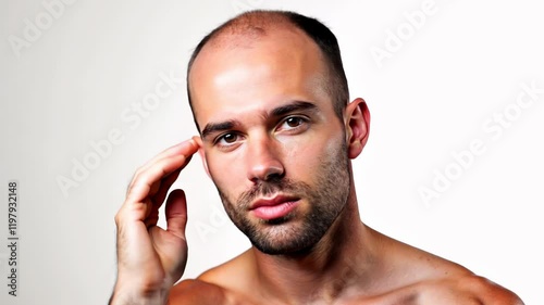 Balding man runs his hands over his head and his hair starts to grow back. Closeup of a guy checking hair and looking at camera. Hair loss, hair transplant and baldness concept