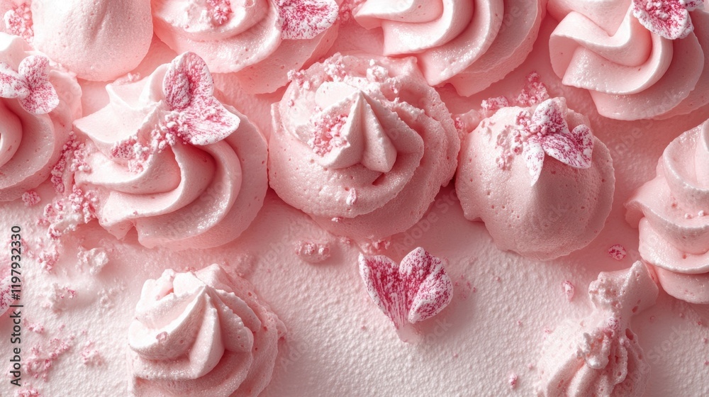 Delicate Pink Meringue Swirls with Sugar Decorations on a Light Surface Delicate Pink Meringue Swirls with Sugar Decorations on a Light Surface