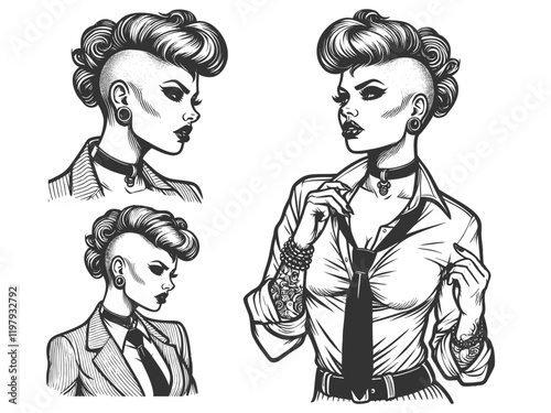 Stylish punk woman, mohawk and tattoos adjusting her glasses, alternative fashion sketch engraving generative ai fictional character vector illustration. Scratch board imitation. Black and white image