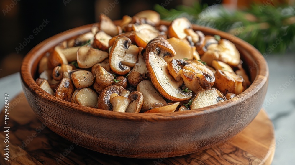 Savory assortment of sautéed mushrooms served in a wooden bowl, garnished with fresh herbs, showcasing culinary preparation in a cozy kitchen setting Savory assortment of sautéed mushrooms served in a wooden bowl, garnished with fresh herbs, showcasing culinary preparation in a cozy kitchen setting