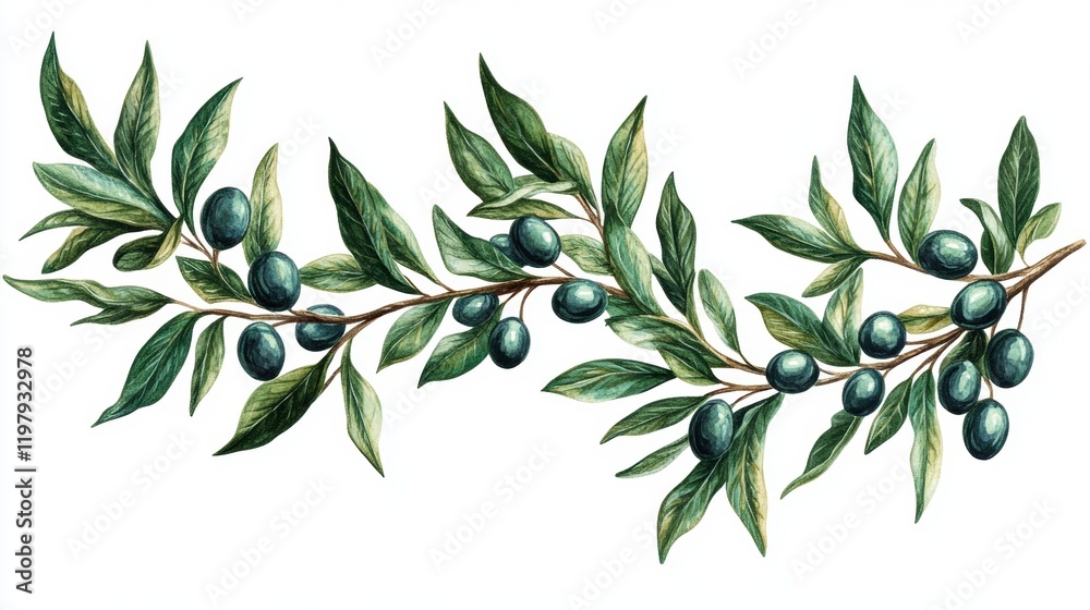 Hand-Drawn Olive Branch with Green Leaves and Fruits Illustration Hand-Drawn Olive Branch with Green Leaves and Fruits Illustration