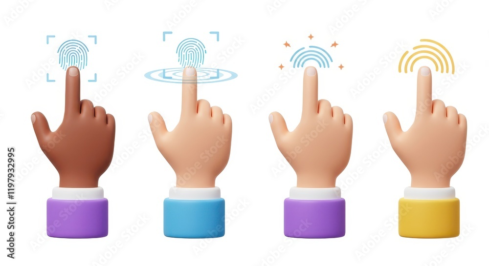 Fototapeta premium 3D illustration of different hands of varying skin tones each positioned with a raised index finger touching a virtual interface