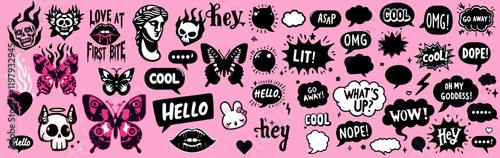 Mega set of cartoon stickers with funny comic illustrations of lips, hearts, speech bubbles and other cute doodles. A modern collection of tattoos and patches.