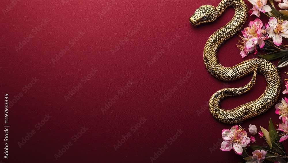 A Chinese New Year background featuring a detailed golden snake on a red textured surface, adorned with delicate pink cherry blossoms. Ideal for festive greetings, event invitations, or cultural celeb A Chinese New Year background featuring a detailed golden snake on a red textured surface, adorned with delicate pink cherry blossoms. Ideal for festive greetings, event invitations, or cultural celeb