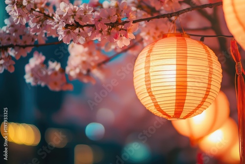 A serene Chinese New Year scene featuring glowing paper lanterns and blooming cherry blossoms under a soft, festive light. Ideal for holiday designs, event promotions, and cultural themes photo