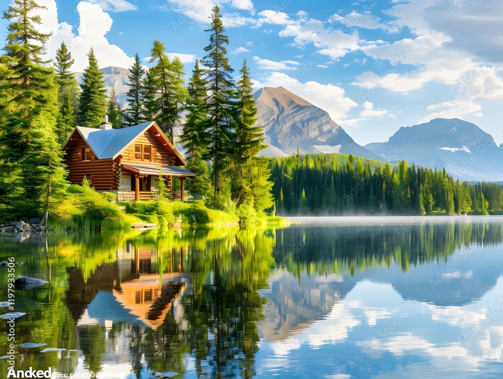 Fototapeta premium A charming log cabin sits on the shore of a tranquil lake, surrounded by towering trees and majestic mountains.