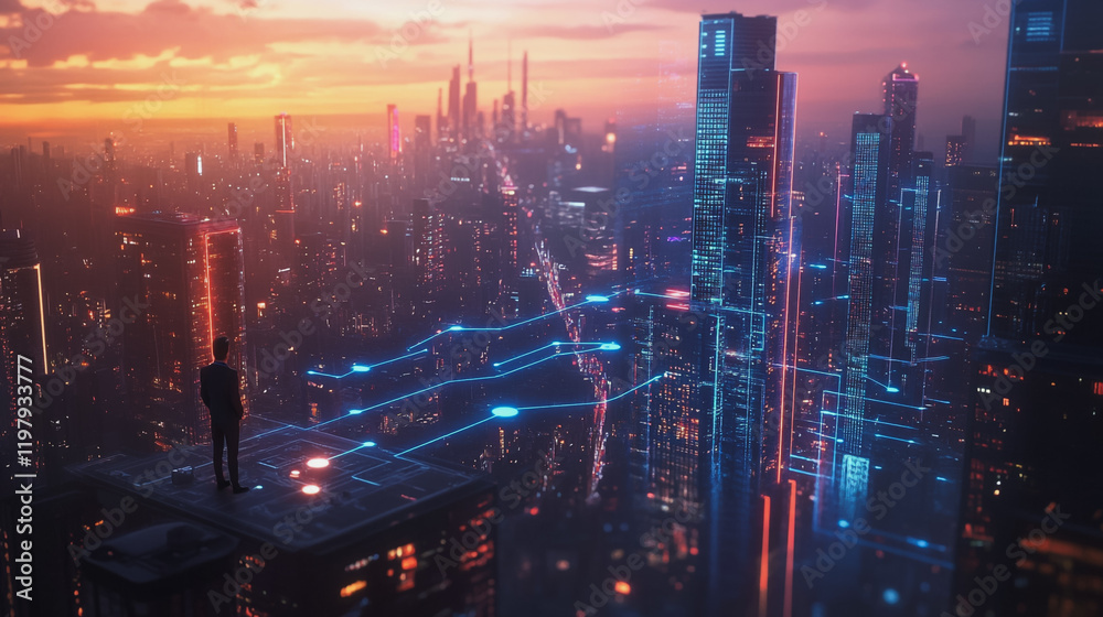 Fototapeta premium Abstract business man stands on the peak of success amid tall, innovative Smart city and graphs with statistics to analyze business potential and predict future developments in company growth.