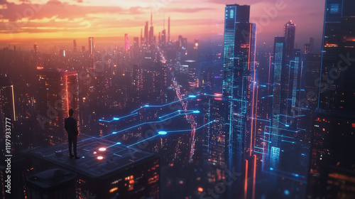 Wallpaper Mural Abstract business man stands on the peak of success amid tall, innovative Smart city and graphs with statistics to analyze business potential and predict future developments in company growth. Torontodigital.ca