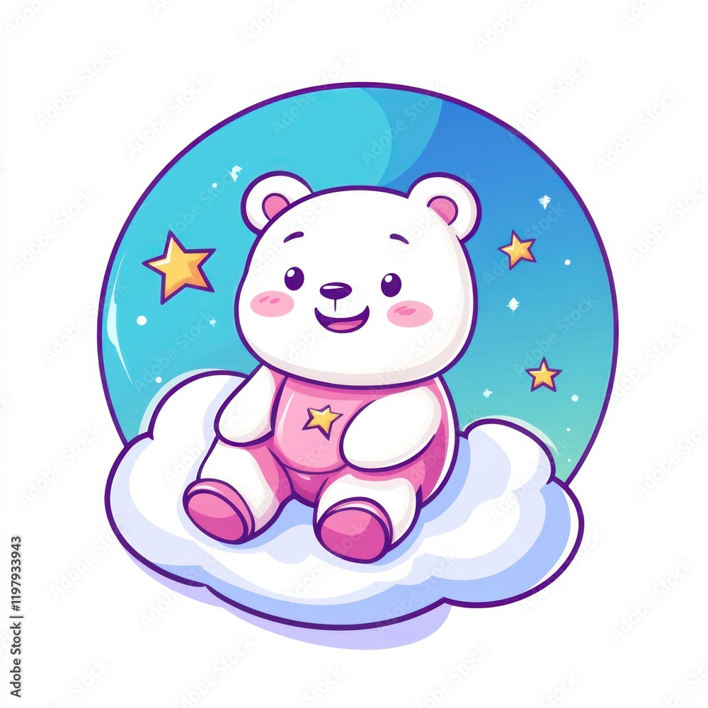 Happy polar bear sitting on a cloud, starry night sky. Perfect for children's products Happy polar bear sitting on a cloud, starry night sky. Perfect for children's products