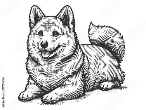 Welsh Corgi dog pet animal, showcasing engraved artistry sketch engraving generative ai vector illustration. Scratch board imitation. Black and white image.