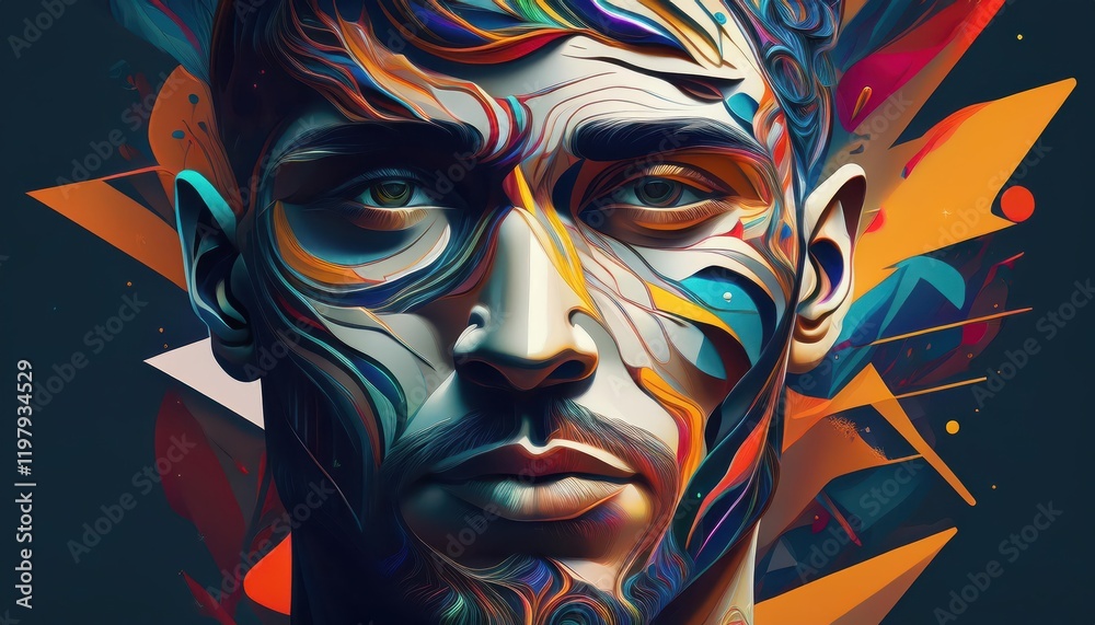 Striking Abstract Portraits of a Person Amidst an Explosion of Vibrant Colors and Geometric Shapes, Embracing the Ethereal Realm of Artistic Expression.