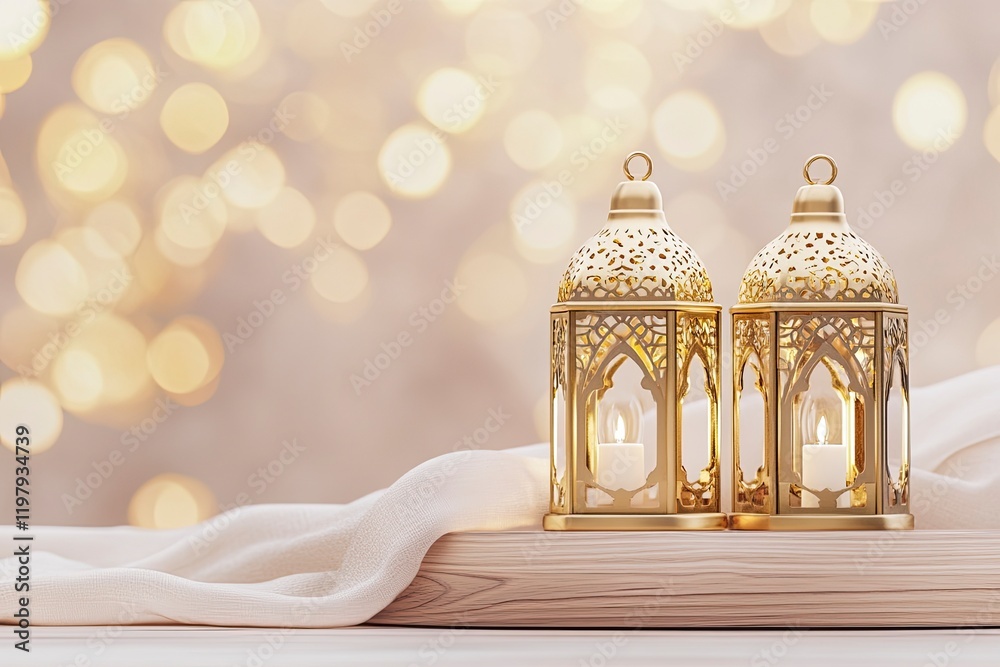 Two Ramadan lanterns on a table with lights and a bokeh background, with copy space . Matut, stock photo contest winner. High resolution, high quality, high detail, high definition. Two Ramadan lanterns on a table with lights and a bokeh background, with copy space . Matut, stock photo contest winner. High resolution, high quality, high detail, high definition.