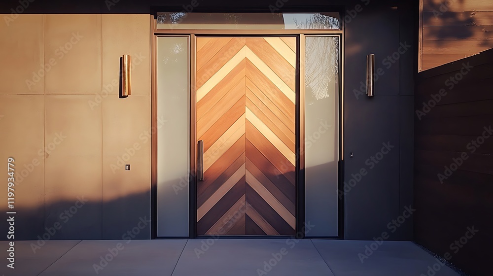 A back door with a chevron pattern made of alternating wood and frosted glass A back door with a chevron pattern made of alternating wood and frosted glass