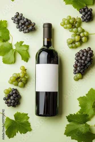 Minimalist wine bottle mockup: elegant bottle with grapes on a clean background. Modern vinology photo