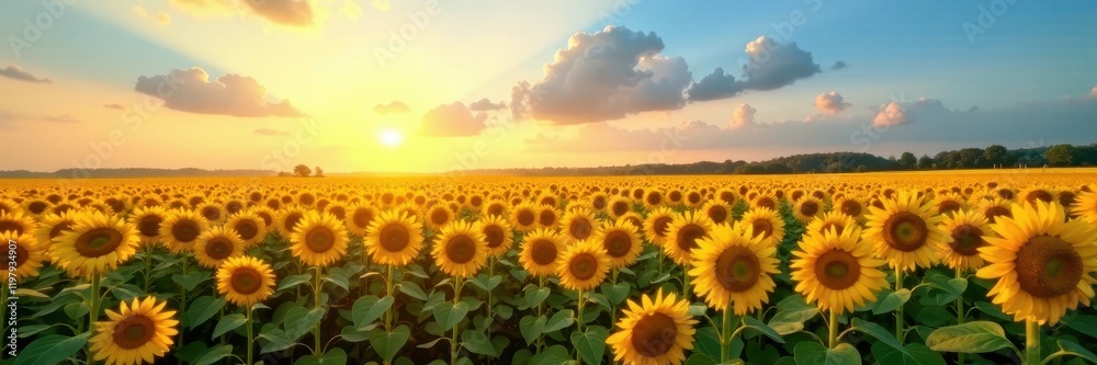 Fototapeta premium golden hour over a vast sea of tall yellow sunflowers and a clear blue sky, peaceful atmosphere, rural landscape, sunset effect