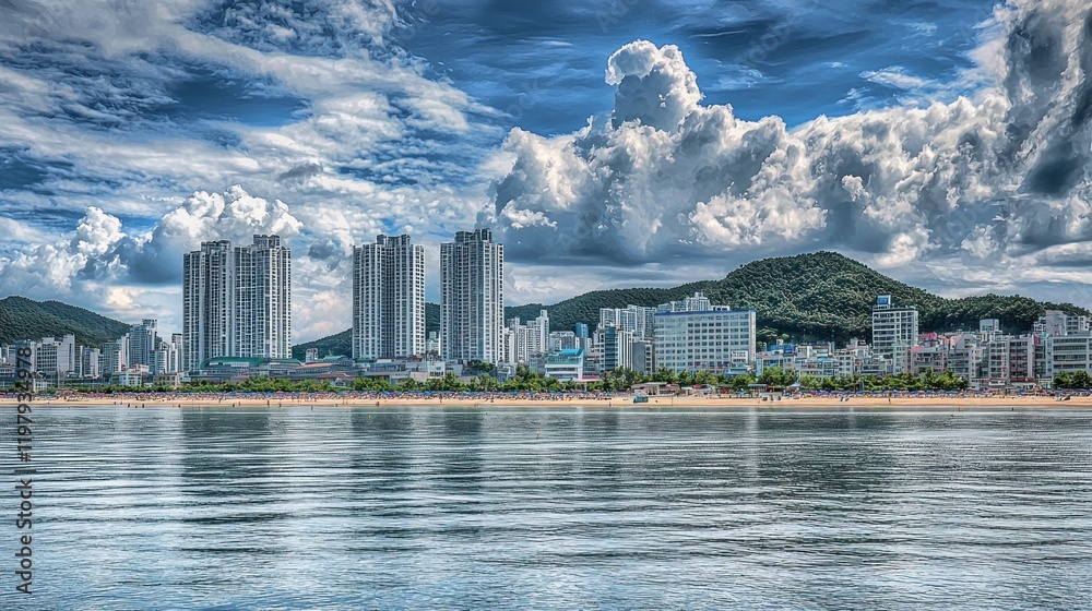 Naklejka premium Coastal City Skyline, Beach, Summer Clouds, Tourism