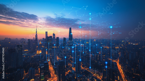 Wallpaper Mural Abstract business man stands on the peak of success amid tall, innovative Smart city and graphs with statistics to analyze business potential and predict future developments in company growth. Torontodigital.ca