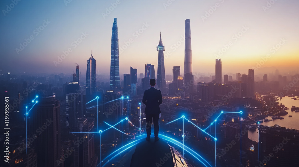 Abstract business man stands on the peak of success amid tall, innovative Smart city and graphs with statistics to analyze business potential and predict future developments in company growth. Abstract business man stands on the peak of success amid tall, innovative Smart city and graphs with statistics to analyze business potential and predict future developments in company growth.