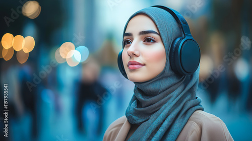Young Muslim woman wearing a grey hijab and modern headphones, standing confidently in an urban environment with blurred lights in the background, concept of technology and lifestyle, copyspace