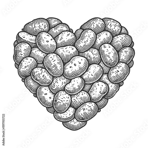 heart-shaped design composed of potatoes, symbolizing love for food, health, and nature sketch engraving generative ai vector illustration. Scratch board imitation. Black and white image.