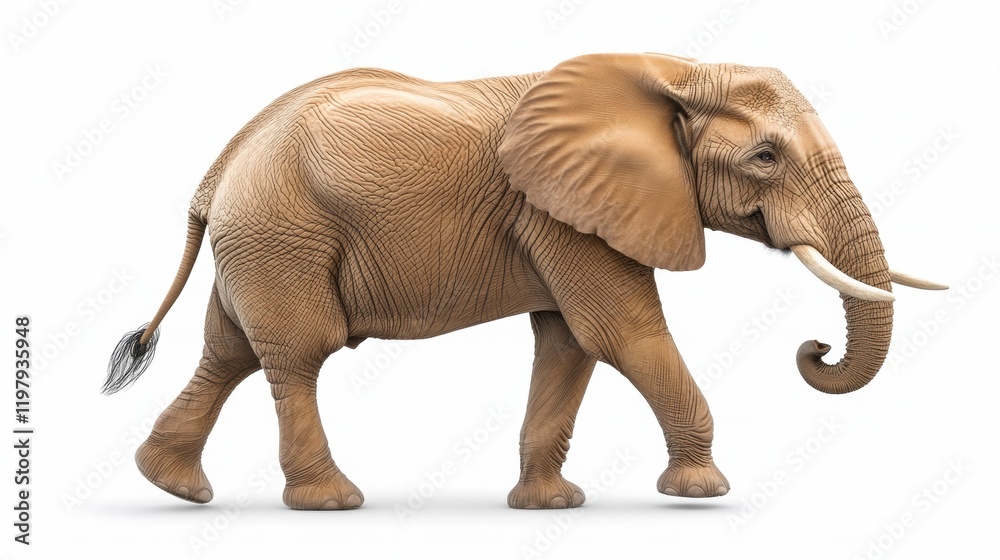 Fototapeta premium Realistic Elephant Walking on White Background in Studio Environment