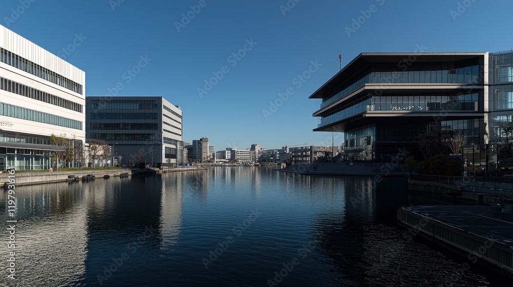 Naklejka premium Modern city canal reflections, sunny day, cityscape background