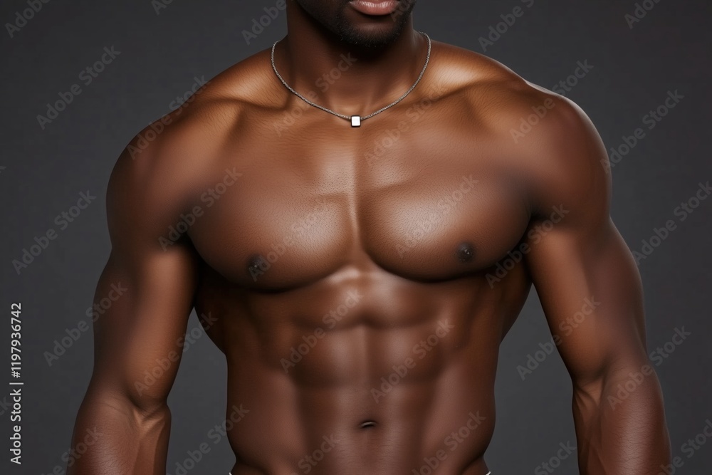 Fototapeta premium Muscular male torso with a silver chain necklace on dark background. fashion and fitness concept