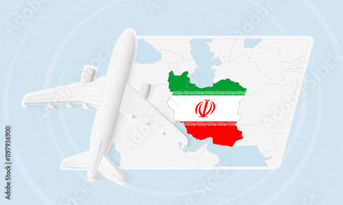 Iran Travel Illustration with Plane and National Flag. Airplane Flying Over Iran Map.