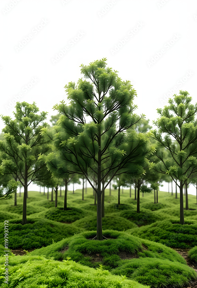Obraz premium Growing internet startups, green trees growing from data and information networks, minimalism, with white tones