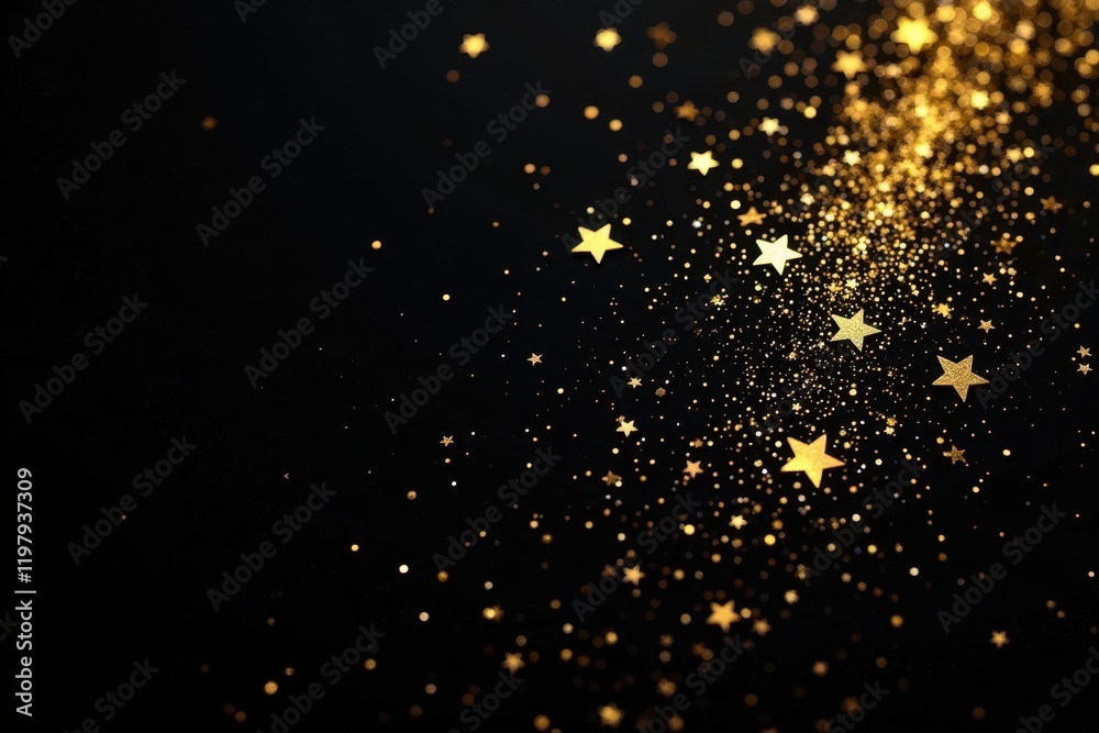Scattered gold glitter stars on black, creating a sparkly texture , black, festive backdrop, sparkly texture Scattered gold glitter stars on black, creating a sparkly texture , black, festive backdrop, sparkly texture