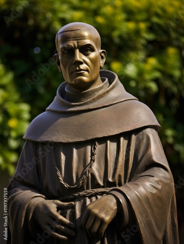 Closeup of Saint Junipero Serra Statue outside Mission San Jose in Fremont, California on a Green Day. A Christian Father's Legacy photo