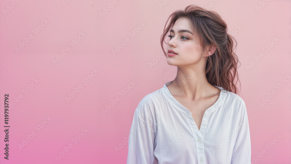 A beautiful woman in three-quarter profile modeling a white shirt. Long brown hair loosely combed. Isolated against a pink background. Youthful complexion. Natural makeup. Cosmetics. Brunette. A beautiful woman in three-quarter profile modeling a white shirt. Long brown hair loosely combed. Isolated against a pink background. Youthful complexion. Natural makeup. Cosmetics. Brunette.