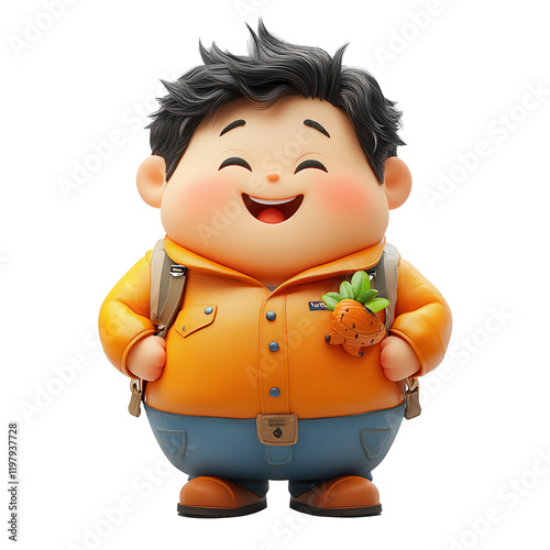 Cheerful cartoon character in an orange shirt with a backpack and a pineapple in his pocket stands happily smiling outdoors isolated on transparent background photo