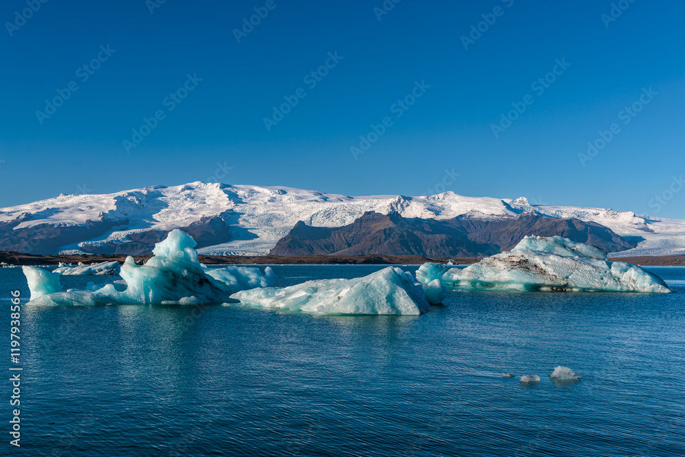 Jokulsarlon glacial lake with loose segments of glacier on the island of Iceland