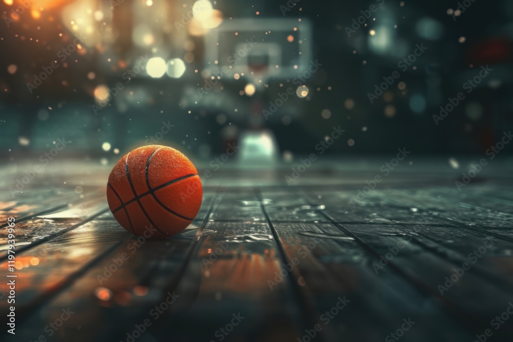 Obraz premium Basketball rests on a wooden floor with cinematic effects and vibrant motion graphics