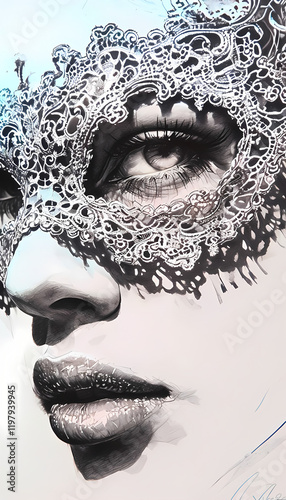 Maschera di pizzo intricata che adorna il viso di una donna dallo sguardo intenso, Intricate lace mask adorning the face of a woman with an intense gaze