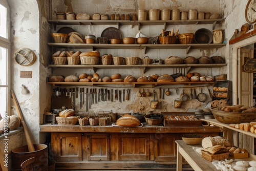 Wallpaper Mural A rustic bakery interior filled with various bread types and baking tools on wooden shelves. Torontodigital.ca