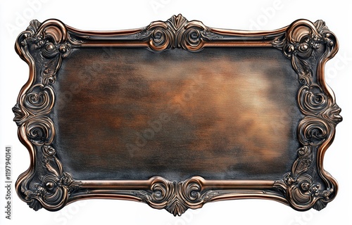 Ornate Copper Plaque: An antique copper plaque with intricate scrollwork borders, ready to be engraved with a personal message or inscription.  A blank canvas for your creative vision.  photo