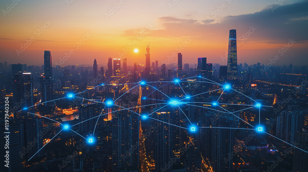 custom made wallpaper toronto digitalAbstract business man stands on the peak of success amid tall, innovative Smart city and graphs with statistics to analyze business potential and predict future developments in company growth.