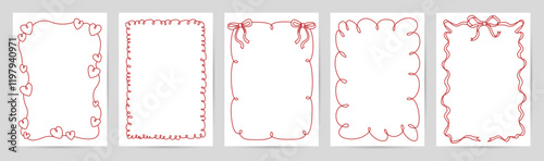 Vintage Hand drawn Ribbon Frames. Trendy Bow and Heart Borders in Coquette style for Valentine's Day, greeting cards, baby shower, birthday, wedding invitations, social media template. Vector illustra